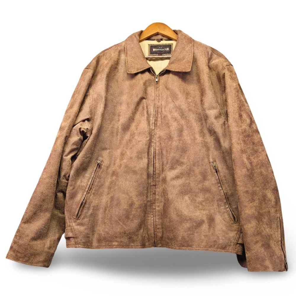 Water Collection Men's‎ 2X Distressed Brown Genuine Leather Jacket Zip Up 90s